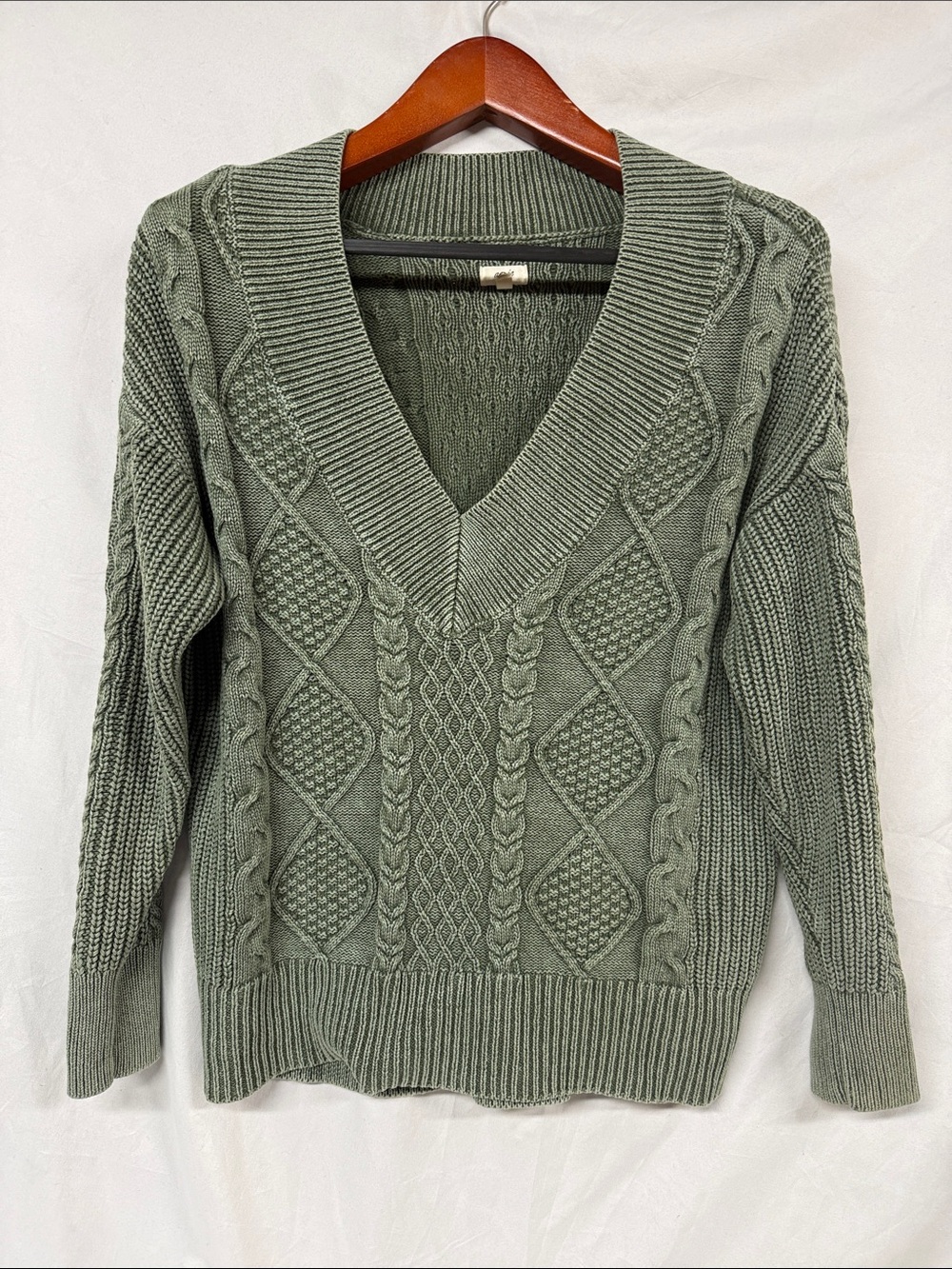 aerie Olive Green V-Neck Cable Knit Sweater